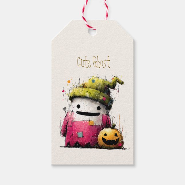 Söt Vattenfärgsspatchwork Spök Halloween Presentetikett (Framsidan)