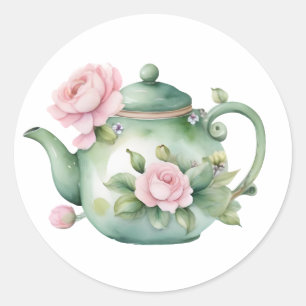 Söt vattenfärgsteapot med rosa peonior Klassisk Runt Klistermärke