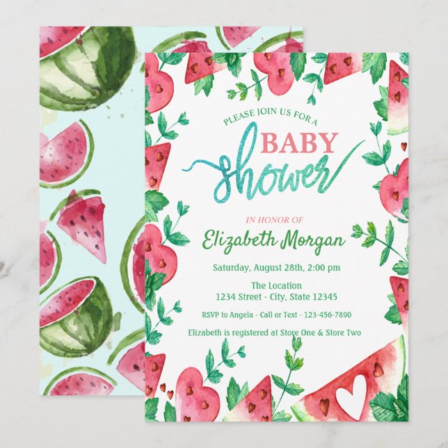 Söt Vattenmelon Hjärt Baby Shower  Inbjudningar (Fram/baksida)