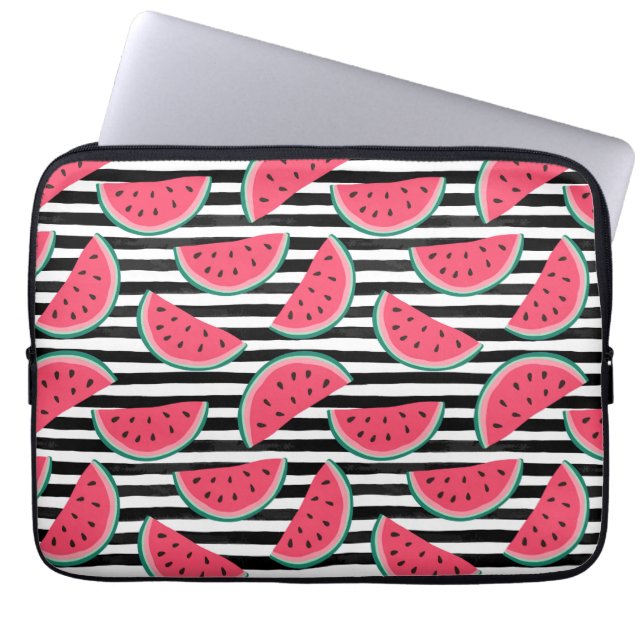 Söt vattenmelon på Rand Black & White Mönster Laptop Sleeve (Framsidan)