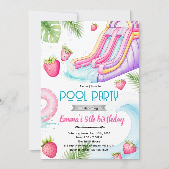 Söt vattenrutschbana jordgubb pool inbjudan (Framsida)
