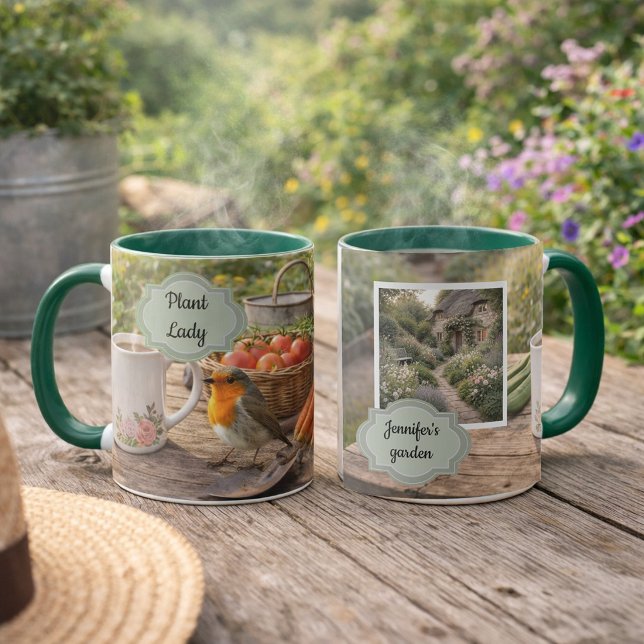 Söt växt dam personlig trädgårds foto trädgård mugg (Cute Plant lady personal gardening photo garden Mug. You can add your own photo and name.)