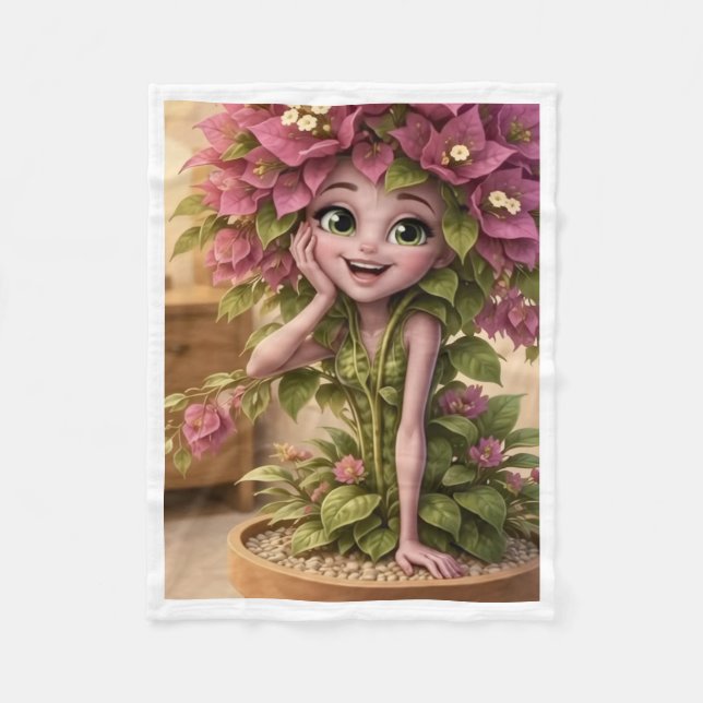 Söt Växt Flicka i Kruka med Rosa Blommor Filta Fleecefilt (Framsidan)