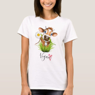 Söt Vegan Ko Gård Djur Blomma Hjarta T Shirt