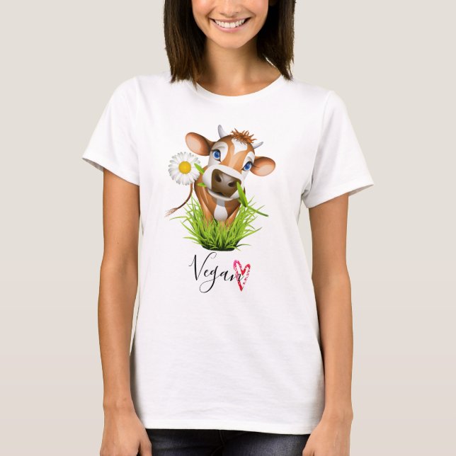 Söt Vegan Ko Gård Djur Blomma Hjarta T Shirt (Framsida)