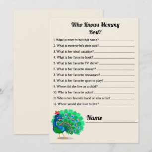 Söt vem vet mammy bäst påfågel baby shower spel inbjudningar