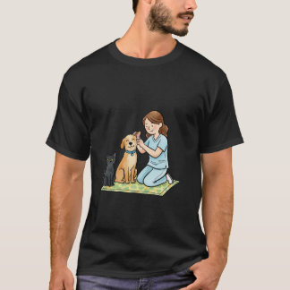 Söt veterinärassistent med hund- och kattillustrat t shirt