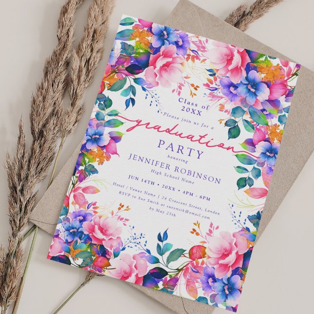 Söt Vibrant Garden Blommigt Studentfest Inbjudningar (Pretty Vibrant Garden Floral Graduation Party Invitation)