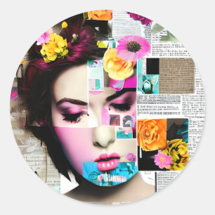 Söt Victorian Vintage Woman Papper Collage Art Runt Klistermärke