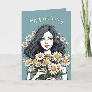 Söt vid födelsedagen Dam med Daisy Bouquet Kort