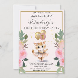 Söt vid Rosa Ballerina Girl First Birthday Inbjudningar