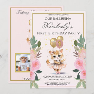 Söt vid Rosa Ballerina Girl First Birthday Inbjudningar