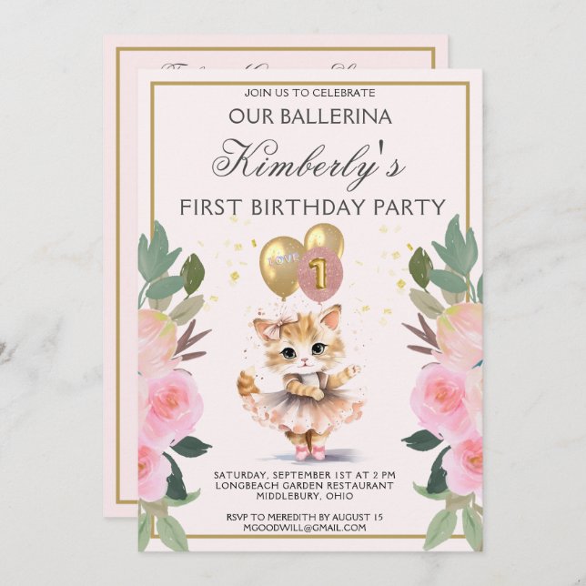 Söt vid Rosa Ballerina Girl First Birthday Inbjudningar (Fram/baksida)