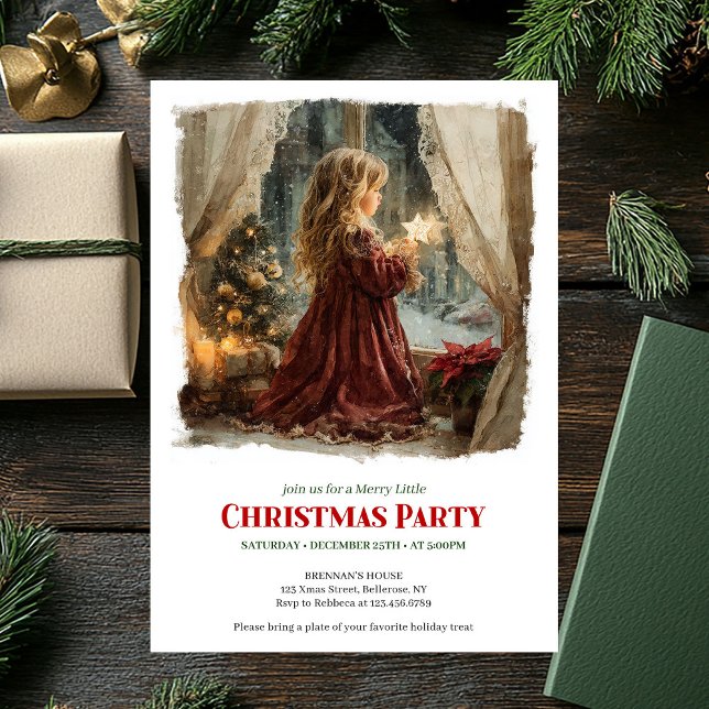 Söt viktoriansk liten flicka som väntar på tomte R Inbjudningar (Sweet Victorian Little Girl Awaiting Santa Editable Invite)