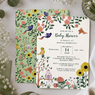 Söt Vild Blomma och Fåglar Tekväll Barnkalas Inbjudningar