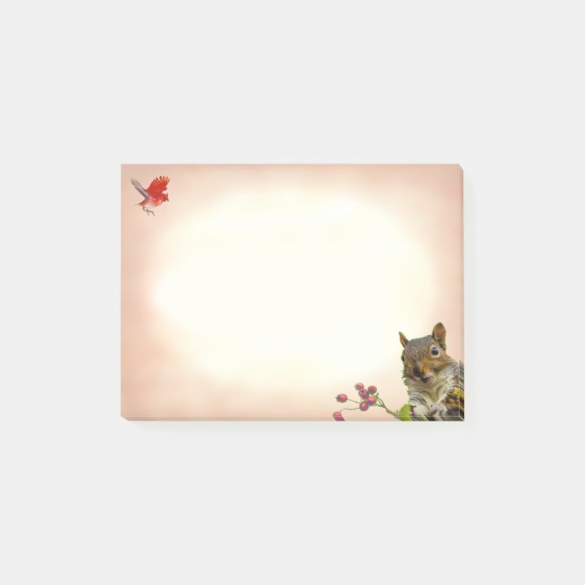 Söt vild ekorre & liten fågel på beige post-it block (Framsida)