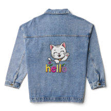 Söt Vinkande Katt Hej Färgglatt Retro Denimjacka