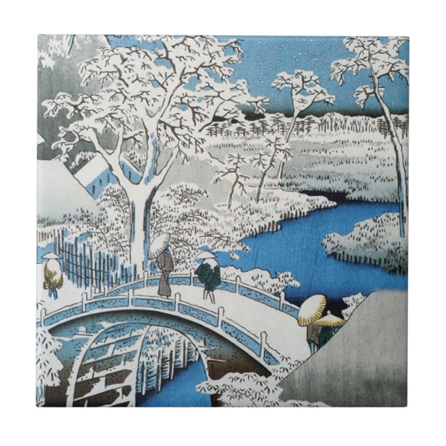 Söt Vintage Asian Winter Scene Snö Bridge Kakelplatta (Framsidan)