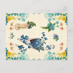 Söt Vintage Blå och Gul Blommig Dekoupage Vykort