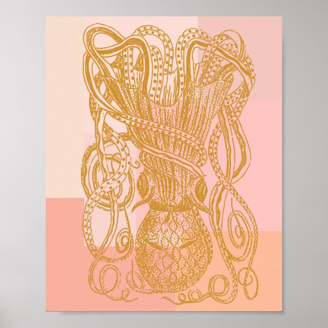 Söt vintage-blektonsteckning av bläckfisk i rosa poster (Framsidan)
