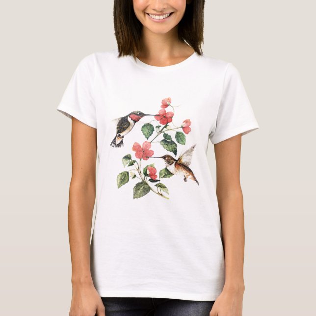 Söt Vintage Blommigt Hummingbird Pair Tee Shirt (Framsida)