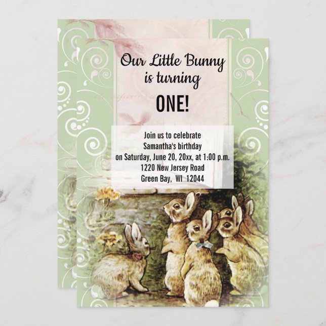 Söt Vintage Bunny 1:a födelsedagsbjudan Inbjudningar (Fram/baksida)
