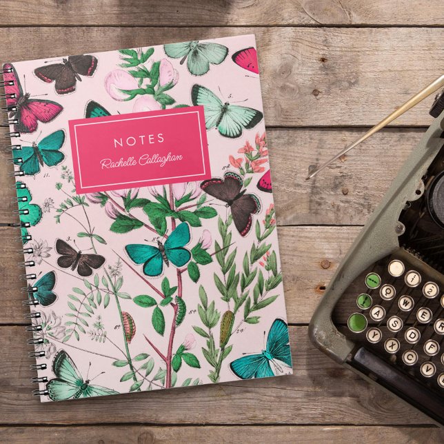 Söt Vintage Butterflies Rosa Teal Namn Anteckningsbok (Skapare uppladdad)