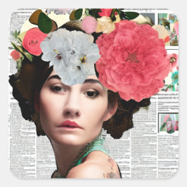 Söt Vintage Dam Papper Collage Art Fyrkantigt Klistermärke