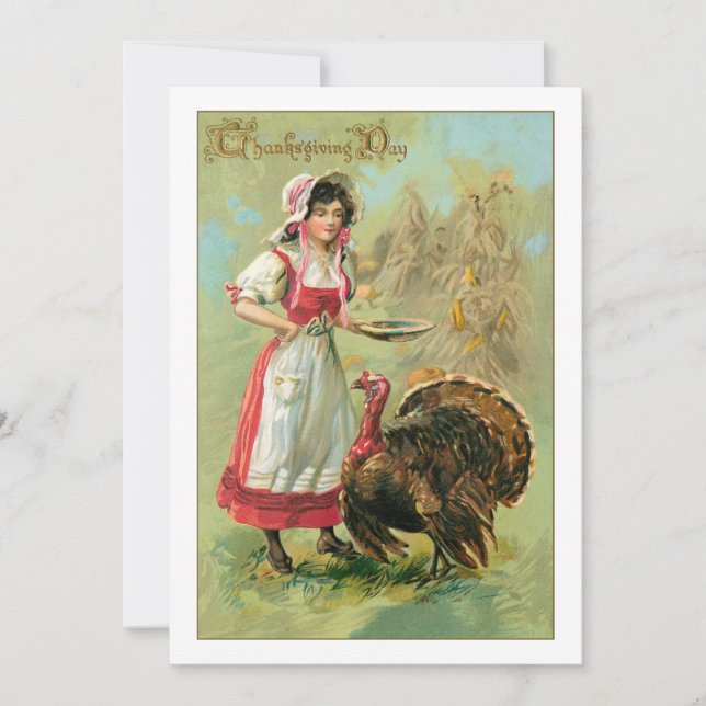 Söt Vintage Farm Girl with Turkey Julkort (Framsida)