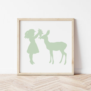 Söt Vintage Girl and Hjort Silhouette Poster
