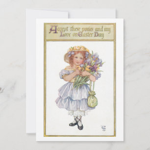 Söt Vintage Girl med Påsk Flowers Julkort