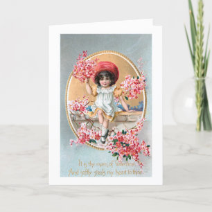 Söt Vintage Girl med Rosa Valentine Blommars Helgkort