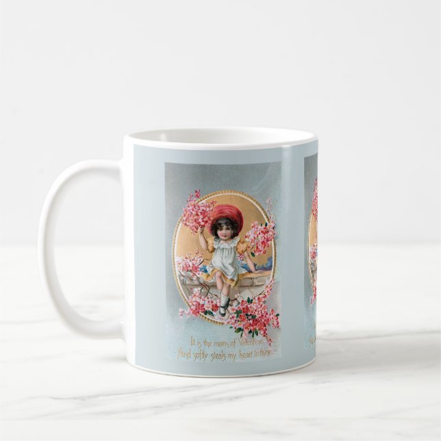 Söt Vintage Girl med Rosa Valentine Blommars Kaffemugg (Vänster)