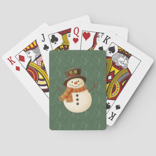 Söt, vintage grön rustik snöman casinokort (Baksidan)