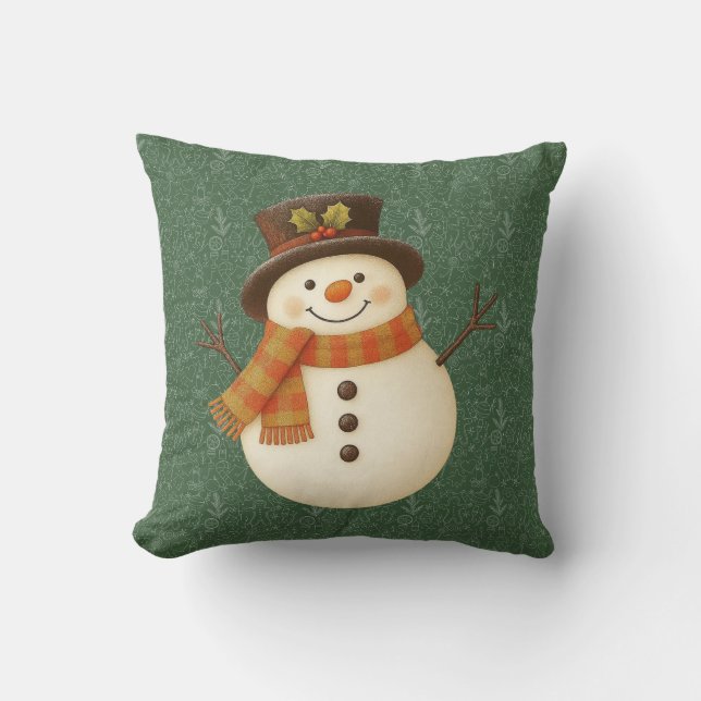 Söt, vintage grön rustik snöman kudde (Framsida)