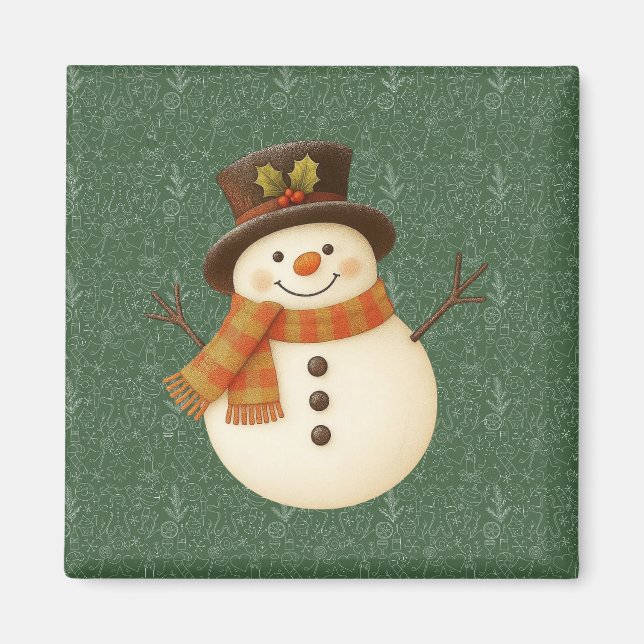 Söt, vintage grön rustik snöman magnet (Framsidan)