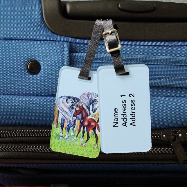 Söt Vintage Hästar Mamma Bebis Bagagebricka (Loving spotted mother horse with baby colt in pasture by fence on luggage tags.)