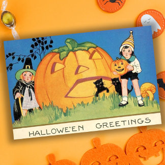 Söt Vintage-Häxa & Jack-O-Lantern Halloween Kort