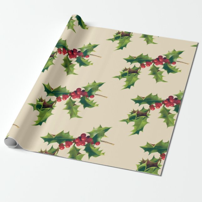 Söt Vintage Holly gren Presentpapper (Utrullad)