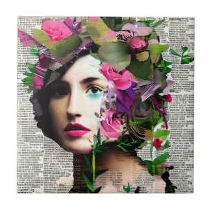 Söt Vintage Kvinna Papper Collage Art Kakelplatta