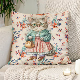 Söt Vintage Mormor Katt Rosa Förkläde Glasögon Kudde
