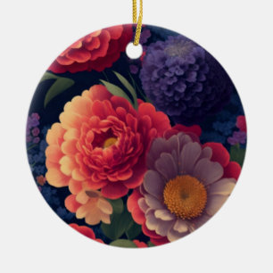 Söt vintage Red Orange lila morsa peony blommigt Julgransprydnad Keramik