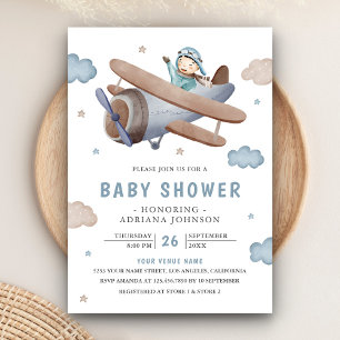 Söt Vintage Retro Blå Flygplanspilot Baby Shower Inbjudningar