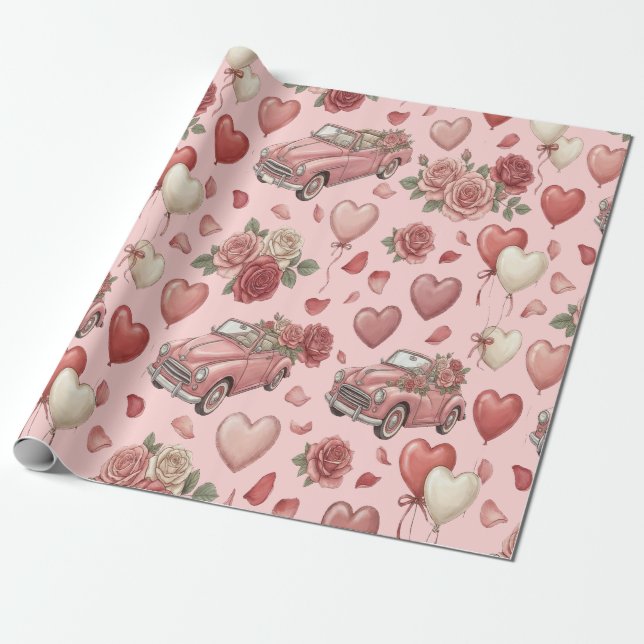Söt Vintage Rosa Bil & Hjärtballonger Mönster Presentpapper (Utrullad)