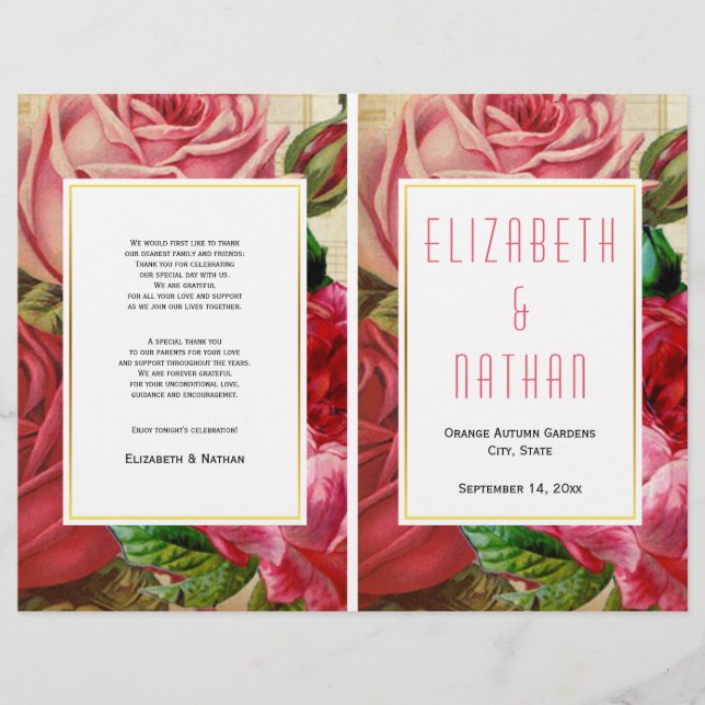 Söt vintage rosa ros vikt bröllopsprogram (Framsida)