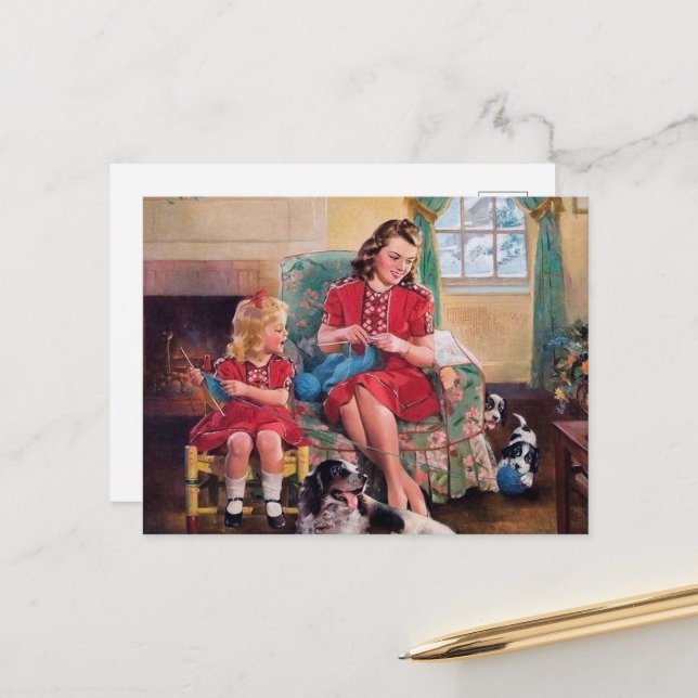 Söt vintage som stickar älskare vykort (Fram/Back In Situ)