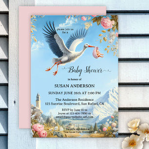 Söt Vintage Stork Artistic Baby Shower Inbjudningar