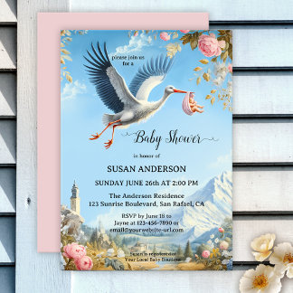 Söt Vintage Stork Artistic Baby Shower Inbjudningar