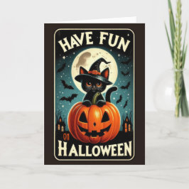 Söt Vintage Svart Katt i en Halloween-pumpa Helgkort