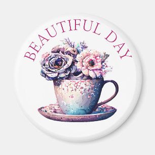 Söt Vintage Tea Kopp i Blommor Magnet